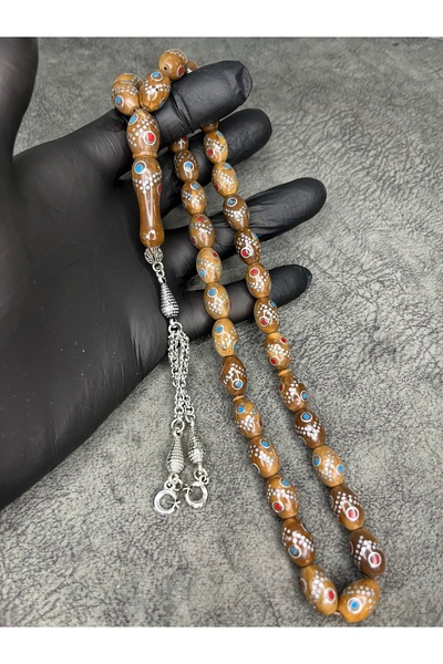 Mos Tespih Old Silver Turquoise and Coral Inlaid Kuka Natural Prayer Beads