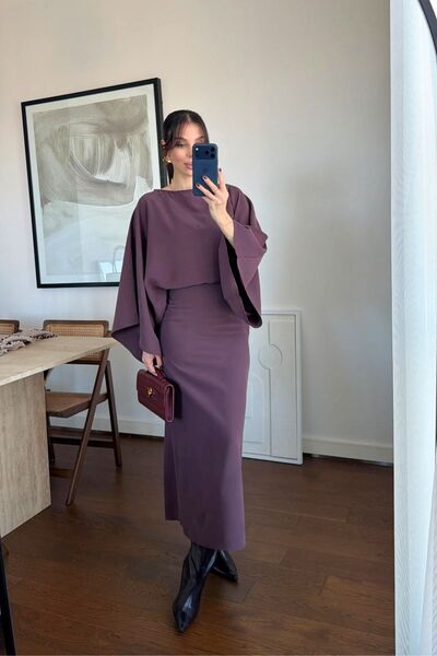 FMN Butik Women's Bat Sleeve Midi Length Slit Dress, Stylish Modern and Chic,...