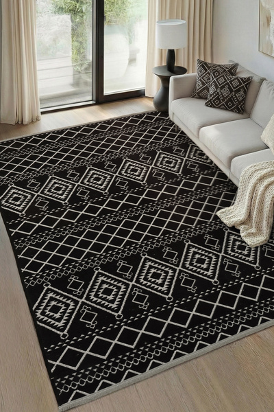 Colore Home سجادة أرضية من الشانيل باللون الأسود بنمط عرقي رائع ومضاد للانزلاق