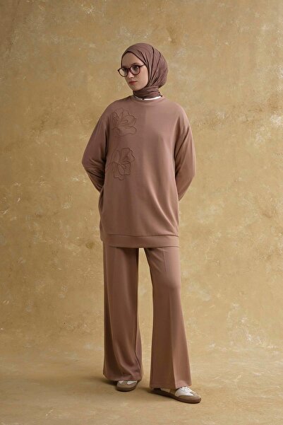 Armine Nakış Detaylı Örme Takım Açık Kahve