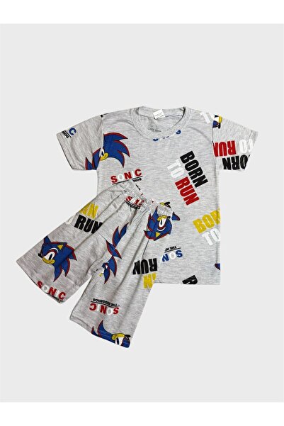 ALİŞ KİDS Boy's Cotton Gray Sonic Pattern Short Sleeve Shorts Pajama Set