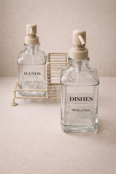 SUELF CO 2-Piece Glass Soap Dispenser with Stand (4 Labels)