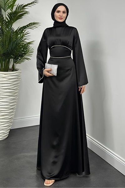 Generic Brand Satin Evening Dress with Stones on the Sleeves and Waist