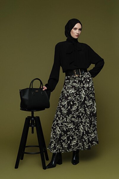 Armine Çiçek Desenli Kırışık Görünümlü Etek Yeşil