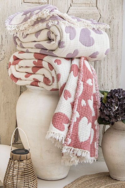 MEET MAYA NATURAL Muslin Quilt with Pink Hearts, Single Size, Lover's Quilt, Sofa Cover