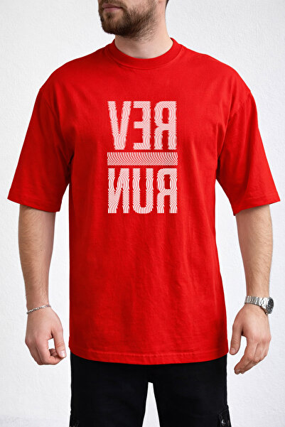 caddekombin Men's Run Text Printed Wavy Letter Design Crew Neck Red T-Shirt