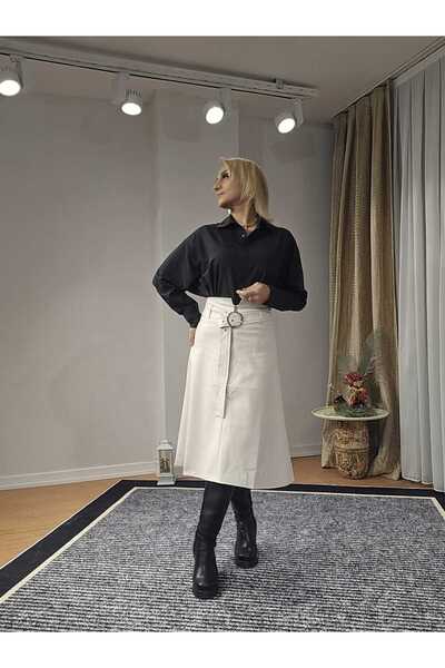 DISHI FASHİON FUSTĂ DE PIELE CU DETALII CU FERMOAR ȘI CUREA, ALBĂ