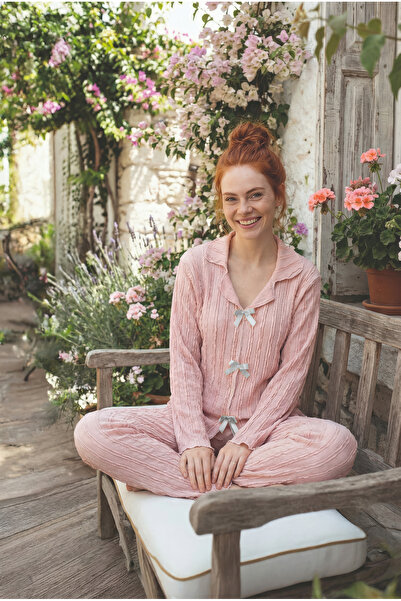 rindahomewear طقم بيجامة بأكمام طويلة مزين بفيونكة من قماش البوليستر الوردي