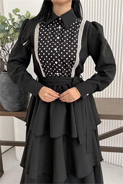 Neşeli Butik Women's Black Shirt Collar Lace Detailed Layered Design Dress
