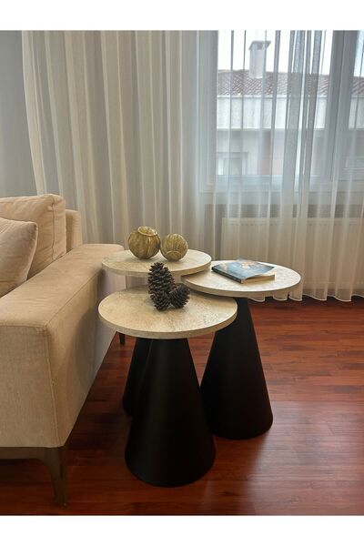 desping Bottle 3 'lü Mantar Bohem Modern Sehpa Traverten Suntalam Tabla Alümi...