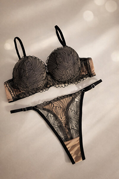 RUYAZ TEKSTİL Lace Padded Bra Set – Black with Support