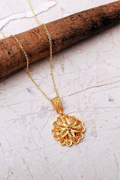 Sümer Telkari Telkari İşlemeli Elişi Papatya 925 Ayar Gümüş Kolye 8110