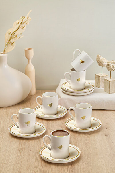 Kitchen Life 12 Parça 6 Kişilik Lovely Birds Porselen Altın Yaldızlı Kahve Fi...