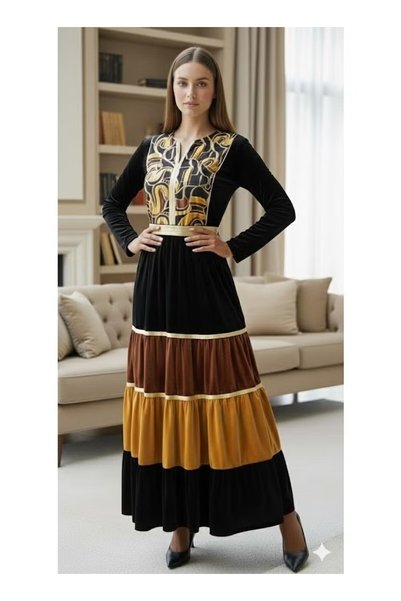 FULLJOY Women's long velvet dress with multicolored embellishments on the bod...