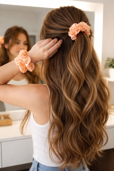 Pedimu Set of 2 Scrunchie Hair Clips Salmon Color Plain Elastic Hair Clips