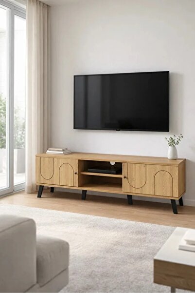 N.zone Modern wooden TV stand, dark brown, with a curved line design
