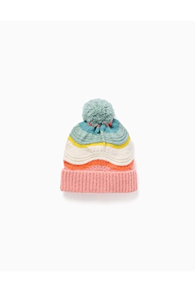 Ziddy Knitted beanie with jacquard and pompon for girls, multicolour
