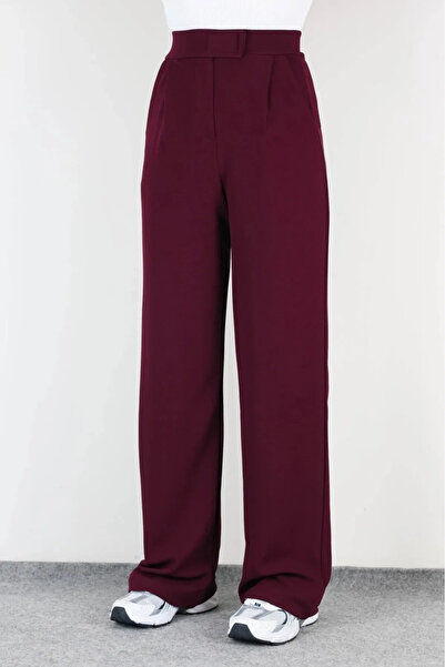 bysoca Women's Burgundy High Waist Pleated Wide Leg Palazzo Pants with Pocket...
