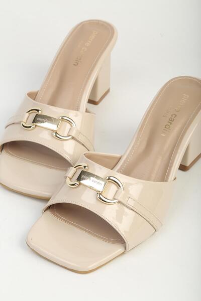 Pierre Cardin Women's Beige Patent Leather Heeled Slippers Pc-55761