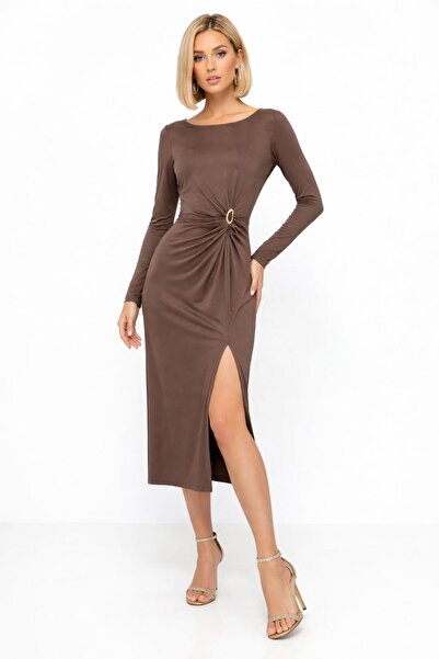 EGZOTİK ASORTİK Gold Buckle Slit Crew Neck Jersey Dress