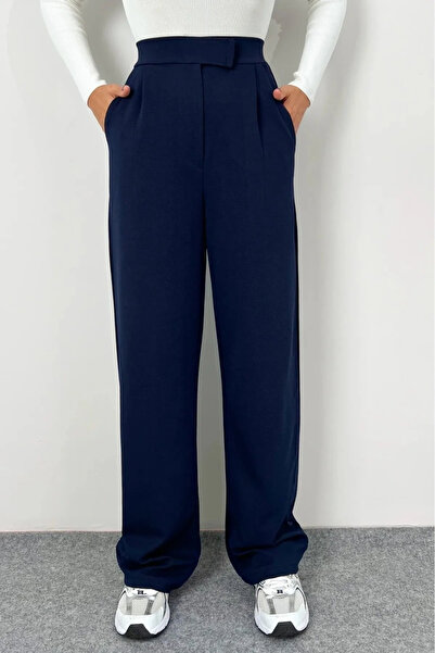 bysoca Women's Navy Blue High Waist Pleated Wide Leg Palazzo Trousers with Po...