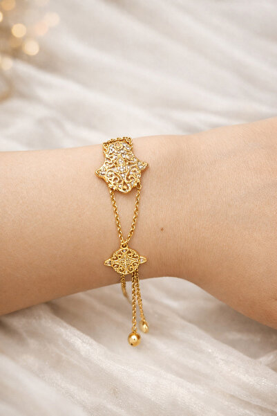 Marca Accessories Altın Renk Çift Fatma Eli (Hamsa) Figürlü Zincir Bileklik