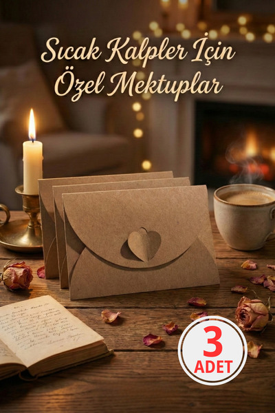 Pusula Marketim Kalp Kilitli Mini Kraft Hediye Zarfı & Beyaz Kart Seti