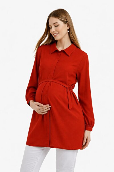 Desen Hamile Giyim Kırmızı Poliviskon Kumaş Hamile / Emzirme Gömlek