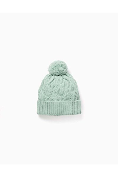 Ziddy Cable knit beanie with pompon for girls, light green