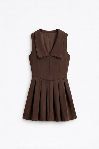 Vireo Club Women's Brown Collar Detail Pleated Mini Dress