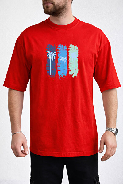 caddekombin Men's Three Block Palm Print Crew Neck Red T-Shirt