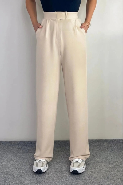 bysoca Women's Beige High Waist Pleated Wide Leg Palazzo Pants with Pockets a...