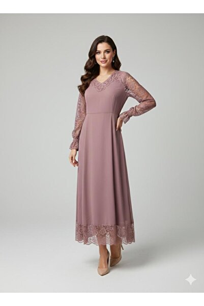 marvion Kadın Gül Kurusu Dantel Detaylı Tesettür Nişan Ve Söz Elbisesi