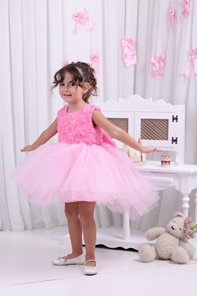 GNL BUTİK kız çocuk pembe çiçekli mezuniyet parti elbisesi