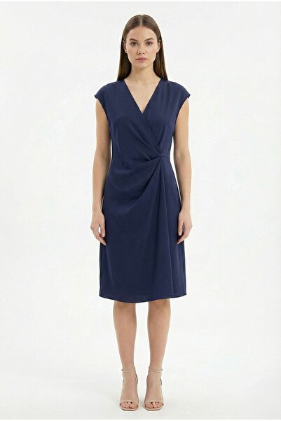 NAR ÇİÇEĞİ GİYİM V Yaka Beli Drapeli Şık Krep Elbise