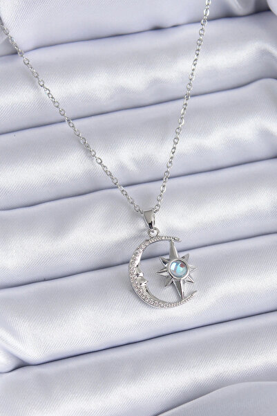 shopwave 316L Steel Silver Color Zircon Stone Crescent Star Model Women's Nec...