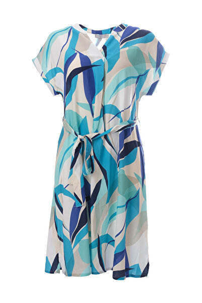 Canel Midi Length Casual Dress - Short Sleeve, Belted, Patterned - Summer