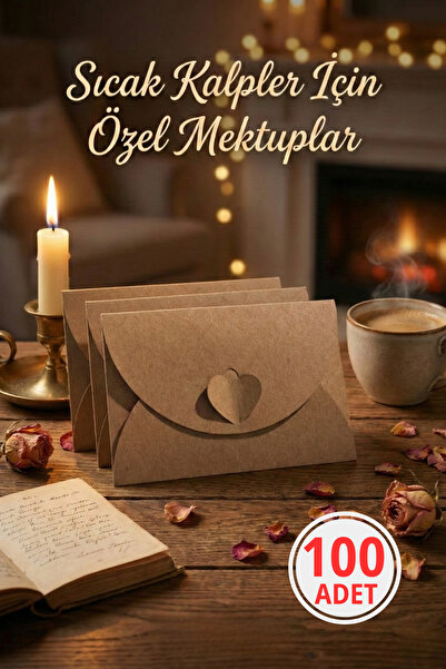 Pusula Marketim 100'lü Paket Kalp Kilitli Mini Kraft Hediye Zarfı & Beyaz Kar...