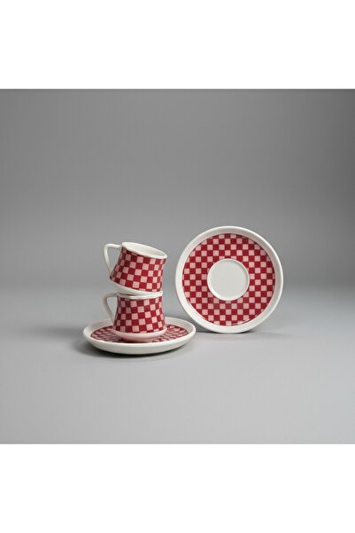 uzbayporselen 2 Kişilik Kırmızı Dama Desenli Porselen Kahve Fincanı