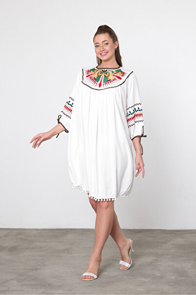 Tubik Women's Ethnic Dress with Collar and Sleeve Embroidery Detail and Pom-P...