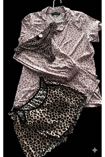 KARAZ KADIN LEOPAR DESENLİ 3'lü TAKIM (PİJAMA TAKIMI+ŞORTLU TAKIM+TANGA HEDİY...