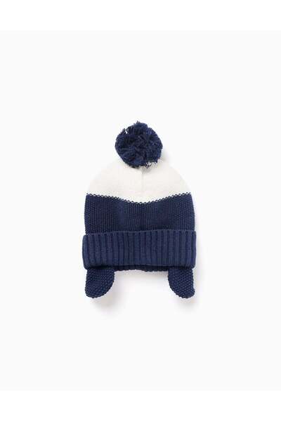 Ziddy Beanie with pompom and ear protection for newborn boys, blue/white