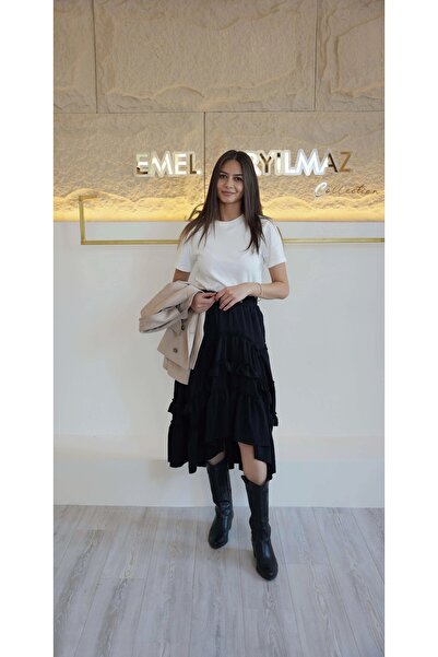 EMEL ERYILMAZ Fırfır Detaylı Asimetrik Etek Beyaz/Siyah