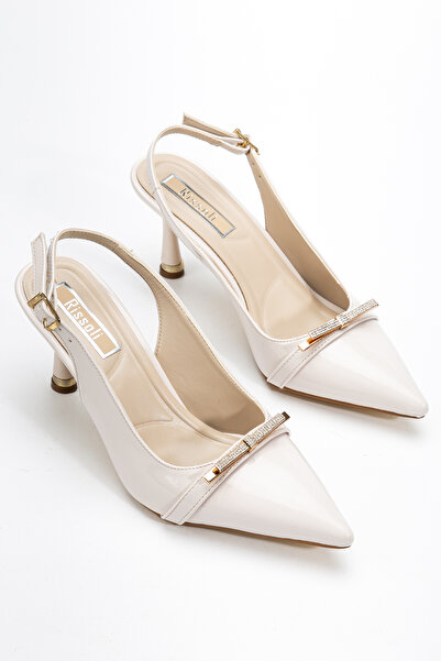RİSSOLİ Pantofi cu toc din piele lăcuită bej, cu vârf ascuțit și detaliu în f...