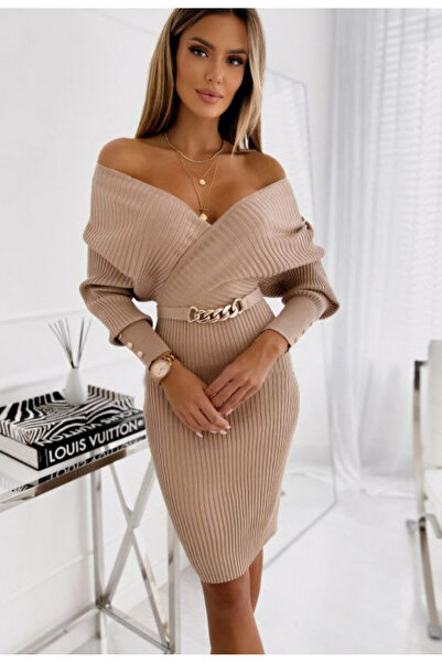 Nobrand Women's beige knit dress with decorative chain, buttons on the sleeve...