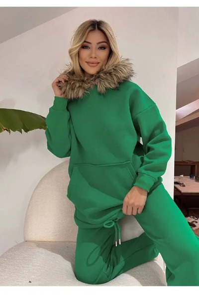 Nobrand Trening damă oversize cu glugă și guler cu blăniță, set hanorac și pa...