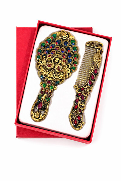 MD Moda Accessories Tavus Kuşu Motifli Gold Vintage Ayna ve Tarak Seti