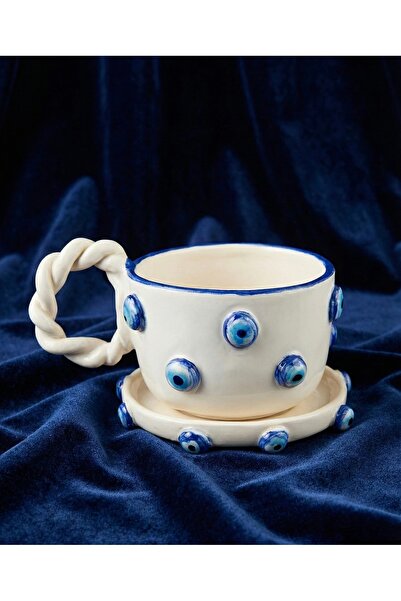 Nazar Boncuklu El Yapımı Seramik Mug Fincan & Tabak