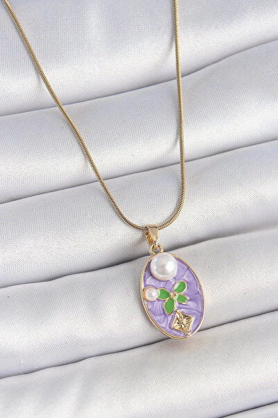 shopwave 316L Steel Gold Color Chain Purple Enamel Oval Pearl Flower Embroide...