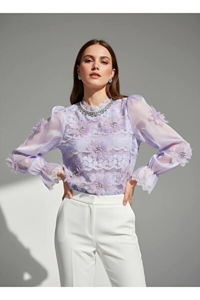 Rabiossa Kadın Kristal Yaka Detaylı 3D Çiçekli Dantel Bluz